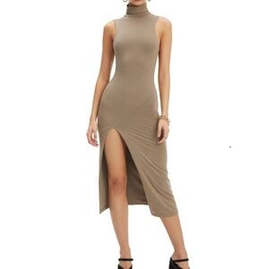 Good American Sleeveless Turtle Neck Tan Cocktail Side Slit Midi Dress P3928